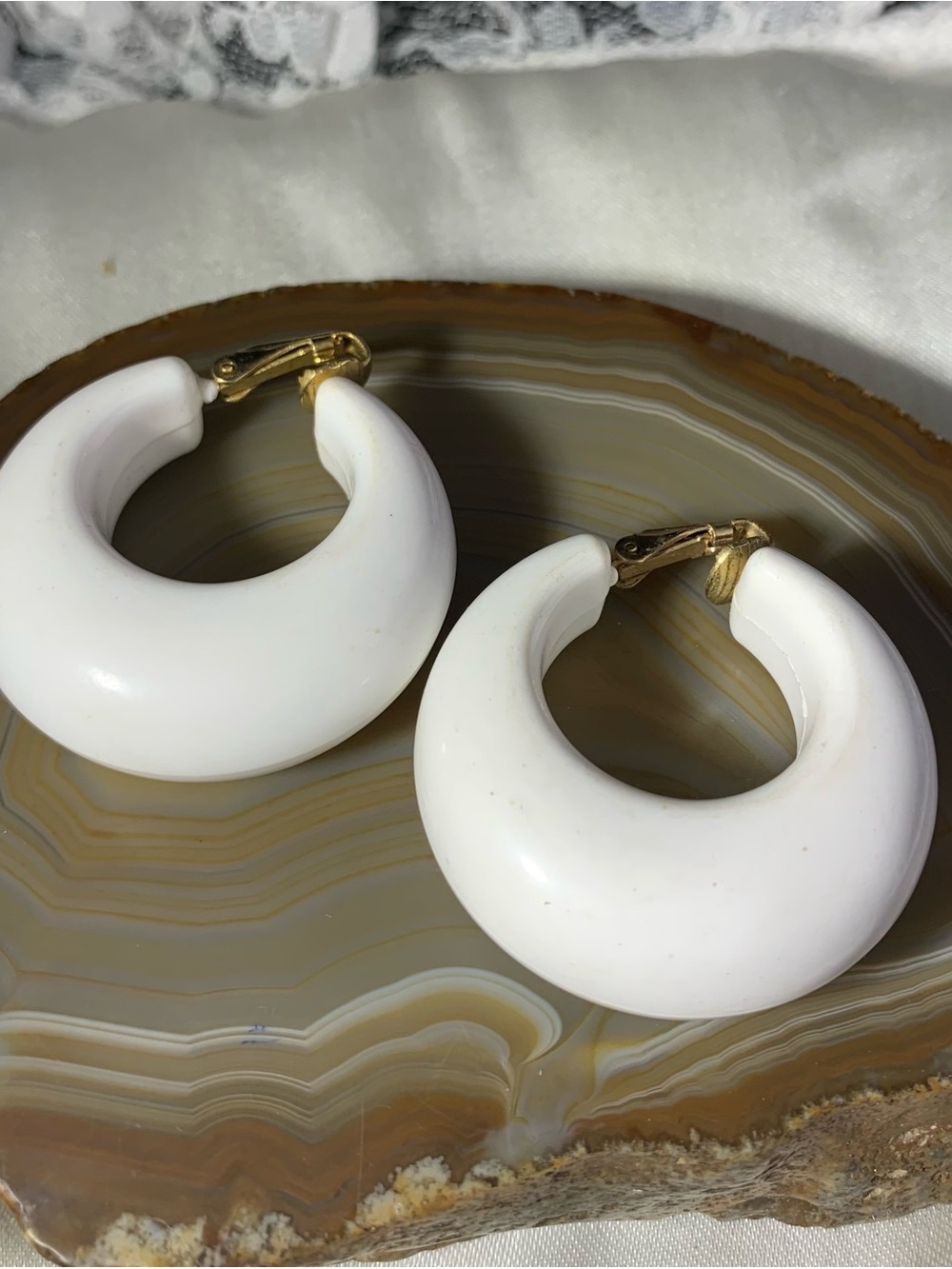 Vintage Retro/Bo Ho Gold-Accent White Hoop Clip-On Earrings